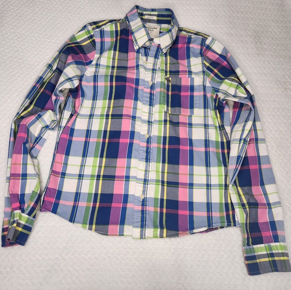 ABERCROMBIE & FITCH SHIRT MEN LARGE BLUE & PINK PLAID MUSCLE FIT LONG SLEEVE